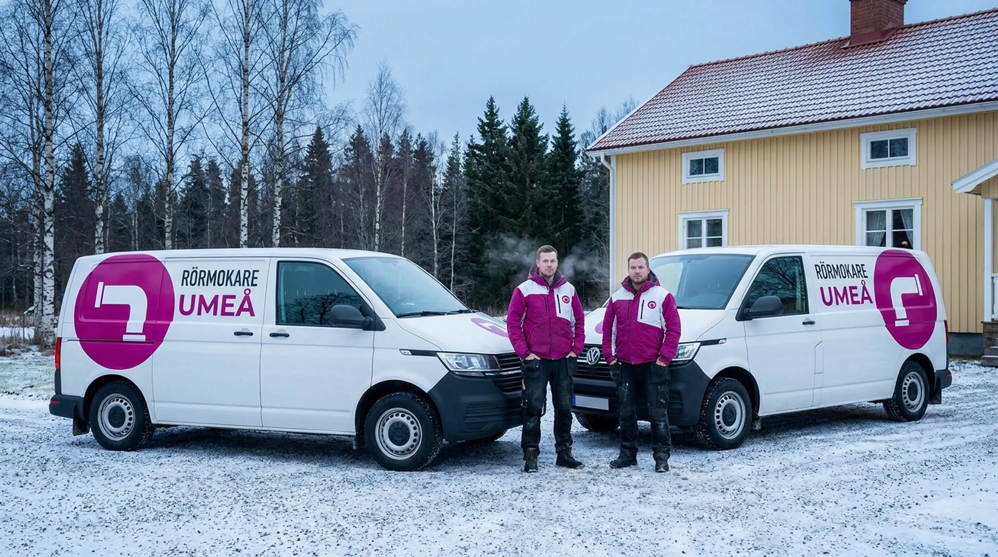 Två servicebilar med Rörmokare Umeå-dekor i snön utanför ett gult trähus, med två rörmokare framför